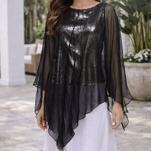 Douglas Hanan Black Silk Sheer Evening Tunic Asymmetrical Overlay